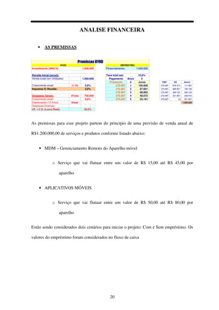 20
ANALISE FINANCEIRA
• AS PREMISSAS
Investimento (ANO 0): 1.500.000 Financiamento: 1.050.000
Receita Inicial (anual): Taxa total (aa) 10,0%
Venda anual (em Unidades) 1.200.000 Pagamento Anos 5
Prestação 0 Juros PMT SD Amort
Crescimento anual: (1-10) 5,0% 276.987 1 105.000 276.987 878.013 171.987
Impostos S/ Receita: 3,0% 276.987 2 87.801 276.987 688.827 189.186
276.987 3 68.883 276.987 480.722 208.105
Despesas Gerais: (Fixas) 756.000 276.987 4 48.072 276.987 251.807 228.915
Crescimento anual: 0,0% 276.987 5 25.181 276.987 (0) 251.807
Depreciação (10 Anos) linear 1.050.000
Despesas Diversas: -
I.R. + C.S. (Lucro Real): 30,0%
Premissas BYOD
BYOD EMPRESTIMO
As premissas para esse projeto partem do princípio de uma previsão de venda anual de
R$1.200.000,00 de serviços e produtos conforme listado abaixo:
• MDM – Gerenciamento Remoto do Aparelho móvel
o Serviço que vai flutuar entre um valor de R$ 15,00 até R$ 45,00 por
aparelho
• APLICATIVOS MÓVEIS
o Serviço que vai flutuar entre um valor de R$ 50,00 até R$ 80,00 por
aparelho
Estão sendo considerados dois cenários para iniciar o projeto: Com e Sem empréstimo. Os
valores do empréstimo foram considerados no fluxo de caixa
 