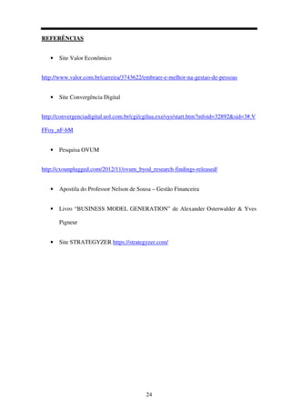 24
REFERÊNCIAS
• Site Valor Econômico
http://www.valor.com.br/carreira/3743622/embraer-e-melhor-na-gestao-de-pessoas
• Site Convergência Digital
http://convergenciadigital.uol.com.br/cgi/cgilua.exe/sys/start.htm?infoid=32892&sid=3#.V
FFoy_nF-bM
• Pesquisa OVUM
http://cxounplugged.com/2012/11/ovum_byod_research-findings-released/
• Apostila do Professor Nelson de Sousa – Gestão Financeira
• Livro “BUSINESS MODEL GENERATION” de Alexander Osterwalder & Yves
Pigneur
• Site STRATEGYZER https://strategyzer.com/
 