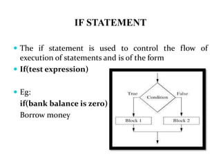 IF STATEMENT
 The if statement is used to control the flow of
execution of statements and is of the form
 If(test expression)
 Eg:
if(bank balance is zero)
Borrow money
 