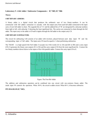 Electronic Lab Manual



Laboratory 5 : 4-bit Adder / Subtractor Components : IC 7483, IC 7486

Theory

4 BIT BINARY ADDERS:

A binary adder is a digital circuit that produces the arithmetic sum of two binary numbers. It can be
constructed with full adders connected in cascade, with the output carry from each full adder connected to the input
carry of next full adder in chain. The augends bits of ‘A’ and the addend bits of ‘B’ are designated by subscript numbers
from right to left, with subscript 0 denoting the least significant bits. The carries are connected in chain through the full
adder. The input carry to the adder is C0 and it ripples through the full adder to the output carry C4.

4 BIT BINARY SUBTRACTOR:

The circuit for subtracting A-B consists of an adder with inverters, placed between each data input ‘B’ and the
corresponding input of full adder. The input carry C0 must be equal to 1 when performing subtraction.

The 74LS83 is a high speed 4-bit Full Adder. It accepts two 4-bit words (A1 to A4) and (B1 to B4) and a carry input
(C0). It generates the binary sum outputs (S1 to S4) and the carry output (C4) from the most significant bit. Connect the
two binary numbers shown below to the inputs of the 4-bit parallel adder. Connect the carry input C0 to 0.




                                                Figure. The Four Bit Adder

The addition and subtraction operation can be combined into one circuit with one common binary adder. The
mode input M controls the operation. When M=0, the circuit is adder circuit. When M=1, it becomes subtractor.

PIN DIAGRAM (IC 7483):




K. Adisesha                                                                                                      12
 