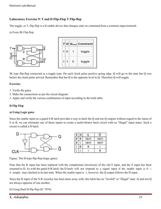 Electronic Lab Manual



Laboratory Exercise 9: T and D Flip-Flop T Flip-flop

The toggle, or T, flip-flop is a bi-stable device that changes state on command from a common input terminal.

a) From JK Flip flop:




JK type flip-flop connected as a toggle type. On each clock pulse positive going edge, Q will go to the state bar Q was
before the clock pulse arrived. Remember that bar Q is the opposite level to Q. Therefore Q will toggle.

Exercise:

1. Verify the gates.
2. Make the connections as per the circuit diagram.
3. Apply and verify the various combination of input according to the truth table.

D Flip Flop

a) Using Logic gates

Since the enable input on a gated S-R latch provides a way to latch the Q and not-Q outputs without regard to the status of
S or R, we can eliminate one of those inputs to create a multivibrator latch circuit with no "illegal" input states. Such a
circuit is called a D latch.




Figure: The D-type flip-flop (logic gates)

Note that the R input has been replaced with the complement (inversion) of the old S input, and the S input has been
renamed to D. As with the gated S-R latch, the D latch will not respond to a signal input if the enable input is 0 --
it simply stays latched in its last state. When the enable input is 1, however, the Q output follows the D input.

Since the R input of the S-R circuitry has been done away with, this latch has no "invalid" or "illegal" state. Q and not-Q
are always opposite of one another.

b) Using Dual D-flip flop (IC 7474)

K. Adisesha                                                                                                     19
 
