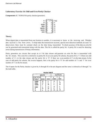 Electronic Lab Manual



Laboratory Exercise 14: Odd and Even Parity Checker

Components: IC 74180 (8 bit parity checker/generator)




Theory:

When digital data is transmitted from one location to another, it is necessary to know at the receiving end, Whether
data received is free from errors. To help make the transmission accurate, special error detection methods are used. To
detect errors there must be constant check on the data being transmitted. To check accuracy of the data an extra bit
can be generated and transmitted along with the data. This bit is called the parity bit. A parity bit is used for detecting
errors during transmission of binary information.

Parity generators are circuits that accept an n-1 bit data stream and generate an extra bit that is transmitted with
the bit stream. This extra bit is referred to as parity bit. In an even parity bit scheme, the parity bit is ‘1’ if there are odd
number of 1’s in the data stream and the parity bit is ‘0’ if there are even number of 1’s in the data stream. In the
case of odd parity bit scheme, the reverse happens, that is the parity bit is ‘0’ for odd number of 1’s and ‘1’ for even
number of 1’s in the bit stream.

The 8 inputs for the Parity checker is given by A through H in the pin diagram and the same is referred as 0 through 7 in
the truth table.




K. Adisesha                                                                                                          24
 