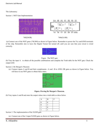 Electronic Lab Manual



The Laboratory:

Section 1. NOT Gate Implementation




                        7402(NOR)                                        7486(X-OR)

 (a) Connect one of the NOT gates (74LS04) as shown in Figure below. Remember to power the Vcc and GND terminals
of the chip. Remember also to leave the Digital Trainer Kit turned off, until you are sure that your circuit is wired
correctly.




                                                 Figure The NOT gate
(b) Vary the input A to obtain all the possible combinations and complete the Truth table for the NOT gate. Check the
output LED.

Section 2. De Morgan's Theorem
    (a) Connect inputs A and B and their complements ~A and ~B to AND, OR gates as shown in Figure below. You
        will have to use NOT gates to obtain these states.




                                        Figure. Proving De Morgan's Theorem.

(b) Vary inputs A and B and enter the output values into a truth table as show below.

                                                A         B        F
                                             0            0
                                             0            1
                                             1            0
                                             1            1
Section 3. The implementation of the NAND gate.

    (a) Connect one of the 2-input NAND gates as shown in Figure below.

K. Adisesha                                                                                                5
 