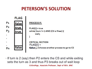 G.Kiruthiga, Associate Professor, Dept of BCA, GNC
PETERSON’S SOLUTION
1
1
• If turn is 2 (say) then P2 enters the CS and while exiting
sets the turn as 3 and thus P3 breaks out of wait loop
FLAG[i] =
false
 