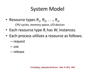 G.Kiruthiga, Associate Professor, Dept of BCA, GNC
Operating System Concepts
System Model
• Resource types R1, R2, . . ., Rm
CPU cycles, memory space, I/O devices
• Each resource type Ri has Wi instances.
• Each process utilizes a resource as follows:
– request
– use
– release
 
