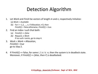 G.Kiruthiga, Associate Professor, Dept of BCA, GNC
Operating System Concepts
Detection Algorithm
1. Let Work and Finish be vectors of length m and n, respectively Initialize:
(a) Work = Available
(b) For i = 1,2, …, n, if Allocationi ≠ 0, then
Finish[i] = false;otherwise, Finish[i] = true.
2. Find an index i such that both:
(a) Finish[i] == false
(b) Requesti ≤ Work
If no such i exists, go to step 4.
3. Work = Work + Allocationi
Finish[i] = true
go to step 2.
4. If Finish[i] == false, for some i, 1 ≤ i ≤ n, then the system is in deadlock state.
Moreover, if Finish[i] == false, then Pi is deadlocked.
 