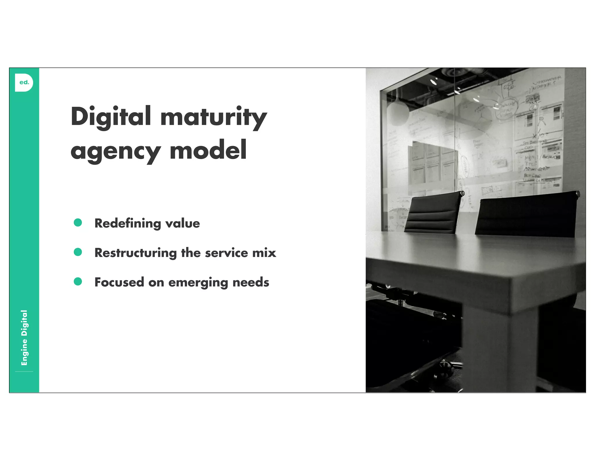 EngineDigital
Digital maturity
agency model
• Redeﬁning value
• Restructuring the service mix
• Focused on emerging needs
 