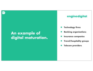 An example of
digital maturation.
• Technology ﬁrms
• Banking organizations
• Insurance companies
• Travel/hospitality groups
• Telecom providers
 