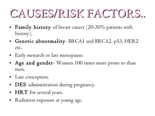 CAUSES/RISK FACTORS.. <ul><li>Family history  of breast cancer (20-30% patients with history). </li></ul><ul><li>Genetic a...