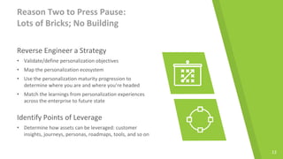 13
Reason Two to Press Pause:
Lots of Bricks; No Building
Reverse Engineer a Strategy
• Validate/define personalization ob...