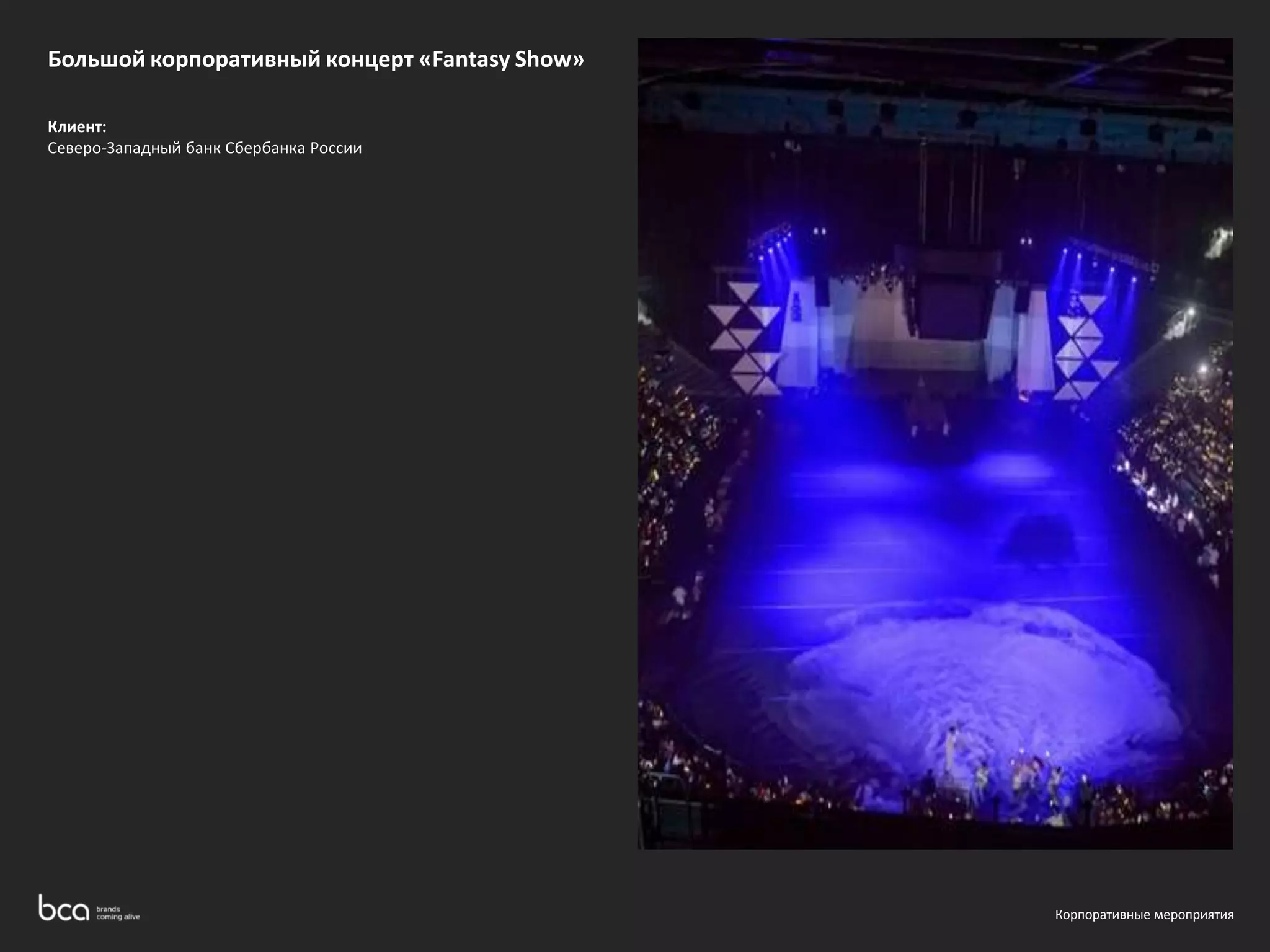 Большой корпоративный концерт «Fantasy Show» 
Клиент: 
Северо-Западный банк Сбербанка России 
Корпоративные мероприятия 
 