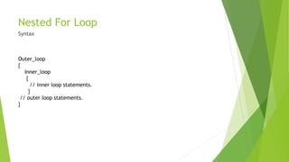 Nested For Loop
Syntax
Outer_loop
{
Inner_loop
{
// inner loop statements.
}
// outer loop statements.
}
 