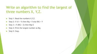 Write an algorithm to find the largest of
three numbers X, Y,Z.
 Step 1: Read the numbers X,Y,Z.
 Step 2: if (X > Y) then Big = X else BIG = Y
 Step 3 : if (BIG < Z) then Big=Z
 Step 4: Print the largest number as Big
 Step 5: Stop.
 