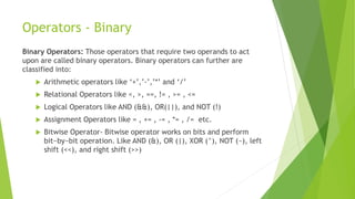 Operators - Binary
Binary Operators: Those operators that require two operands to act
upon are called binary operators. Binary operators can further are
classified into:
 Arithmetic operators like ‘+’,’-’,’*’ and ‘/’
 Relational Operators like <, >, ==, != , >= , <=
 Logical Operators like AND (&&), OR(||), and NOT (!)
 Assignment Operators like = , += , -= , *= , /= etc.
 Bitwise Operator- Bitwise operator works on bits and perform
bit−by−bit operation. Like AND (&), OR (|), XOR (^), NOT (~), left
shift (<<), and right shift (>>)
 