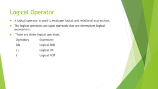 Logical Operator
 A logical operator is used to evaluate logical and relational expressions.
 The logical operators act upon operands that are themselves logical
expressions.
 There are three logical operators.
Operators Expression
&& Logical AND
|| Logical OR
! Logical NOT
 