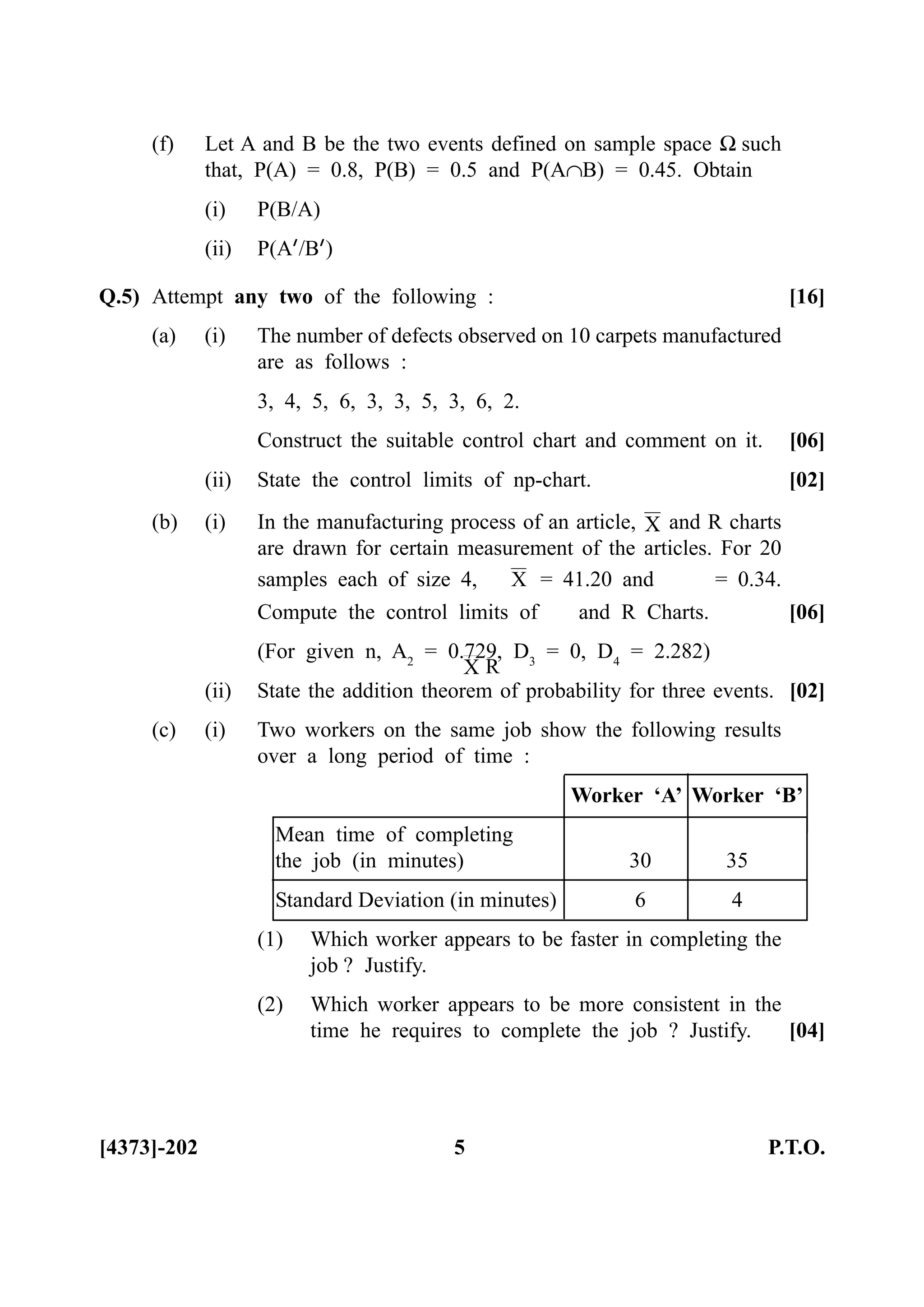 (f) Let A and B be the two events defined on sample space Ω such
that, P(A) = 0.8, P(B) = 0.5 and P(A∩B) = 0.45. Obtain
(i) P(B/A)
(ii) P(A’/B’)
Q.5) Attempt any two of the following : [16]
(a) (i) The number of defects observed on 10 carpets manufactured
are as follows :
3, 4, 5, 6, 3, 3, 5, 3, 6, 2.
Construct the suitable control chart and comment on it. [06]
(ii) State the control limits of np-chart. [02]
(b) (i) In the manufacturing process of an article, X and R charts
are drawn for certain measurement of the articles. For 20
samples each of size 4, X = 41.20 and
R
= 0.34.
Compute the control limits of
X
and R Charts. [06]
(For given n, A2
= 0.729, D3
= 0, D4
= 2.282)
(ii) State the addition theorem of probability for three events. [02]
(c) (i) Two workers on the same job show the following results
over a long period of time :
Worker ‘A’ Worker ‘B’
Mean time of completing
the job (in minutes) 30 35
Standard Deviation (in minutes) 6 4
(1) Which worker appears to be faster in completing the
job ? Justify.
(2) Which worker appears to be more consistent in the
time he requires to complete the job ? Justify. [04]
[4373]-202 5 P.T.O.
 