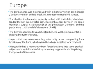 Europe
The Euro alliance was ill-conceived with a monetary union but no fiscal
/ budgetary union and no mechanism to resolve trade imbalances.
They further implemented austerity to deal with their debt, which has
landed them in even greater pain. Huge imbalances between the core /
traditional surplus nations (which at this point is just Germany) and the
periphery / traditional deficit nations (PIIGS).
The German election towards September end will be instrumental in
shaping the further course.
Hope is that they come towards greater unity rather than pushing for a
break-up of the Euro (which would be a huge negative for everyone).
Along with that, a move away from forced austerity into some gradual
adjustments with fiscal deficits / monetary support should help bring
Europe out of its malaise.
 