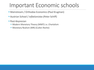 Important Economic schools
 Mainstream / Orthodox Economics (Paul Krugman)
 Austrian School / inflationistas (Peter Schiff)
 Post-Keynesian
 Modern Monetary Theory (MMT) i.e. Chartalism
 Monetary Realism (MR) (Cullen Roche)
 