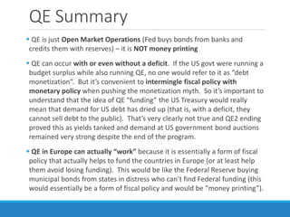 QE Summary
 QE is just Open Market Operations (Fed buys bonds from banks and
credits them with reserves) – it is NOT money printing
 QE can occur with or even without a deficit. If the US govt were running a
budget surplus while also running QE, no one would refer to it as “debt
monetization”. But it’s convenient to intermingle fiscal policy with
monetary policy when pushing the monetization myth. So it’s important to
understand that the idea of QE “funding” the US Treasury would really
mean that demand for US debt has dried up (that is, with a deficit, they
cannot sell debt to the public). That’s very clearly not true and QE2 ending
proved this as yields tanked and demand at US government bond auctions
remained very strong despite the end of the program.
 QE in Europe can actually “work” because it is essentially a form of fiscal
policy that actually helps to fund the countries in Europe (or at least help
them avoid losing funding). This would be like the Federal Reserve buying
municipal bonds from states in distress who can’t find Federal funding (this
would essentially be a form of fiscal policy and would be “money printing”).
 
