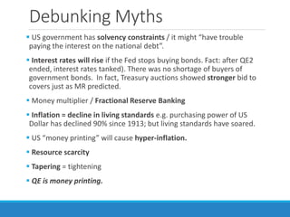 Debunking Myths
 US government has solvency constraints / it might “have trouble
paying the interest on the national debt”.
 Interest rates will rise if the Fed stops buying bonds. Fact: after QE2
ended, interest rates tanked). There was no shortage of buyers of
government bonds. In fact, Treasury auctions showed stronger bid to
covers just as MR predicted.
 Money multiplier / Fractional Reserve Banking
 Inflation = decline in living standards e.g. purchasing power of US
Dollar has declined 90% since 1913; but living standards have soared.
 US “money printing” will cause hyper-inflation.
 Resource scarcity
 Tapering = tightening
 QE is money printing.
 