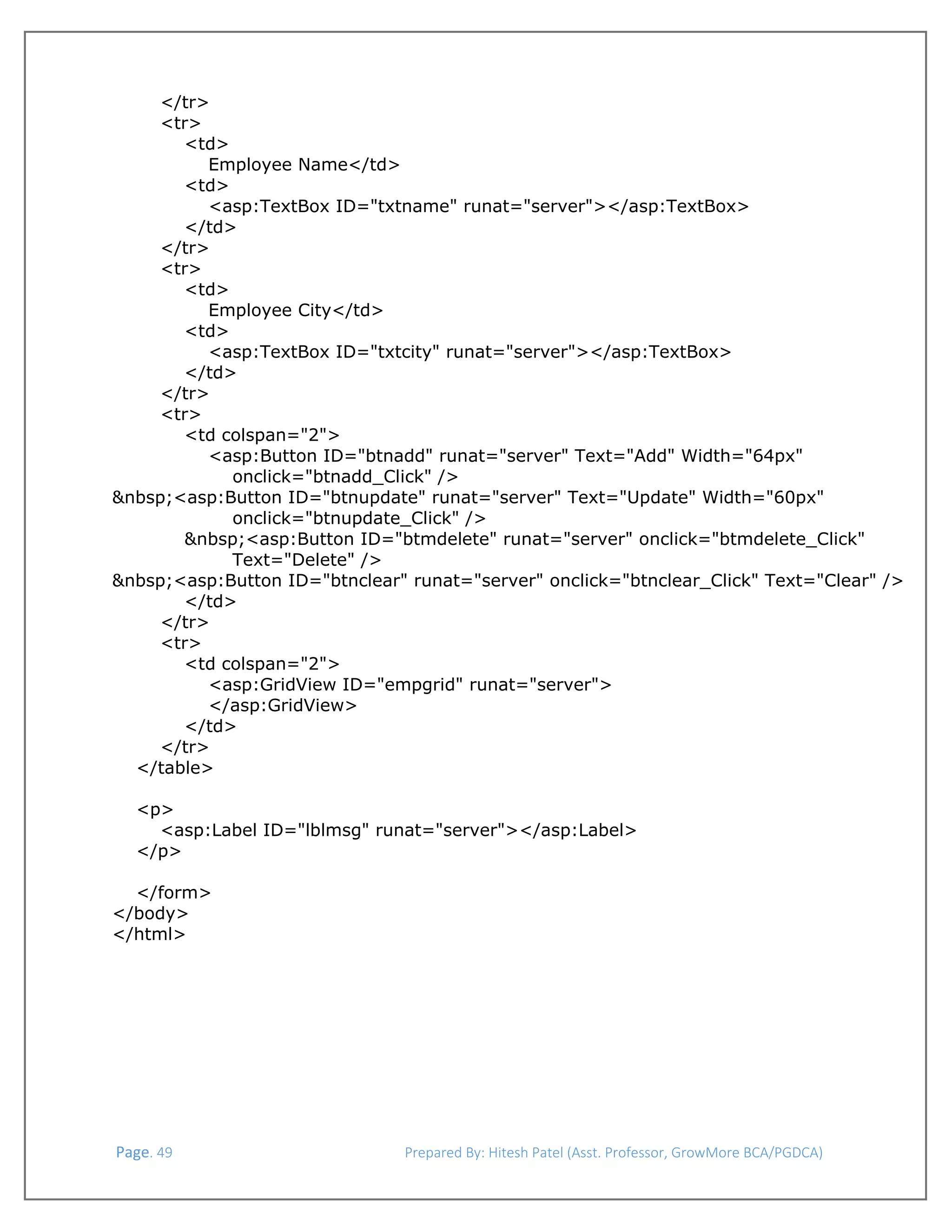 
</tr>
<tr>
<td>
Employee Name</td>
<td>
<asp:TextBox ID="txtname" runat="server"></asp:TextBox>
</td>
</tr>
<tr>
<td>
Employee City</td>
<td>
<asp:TextBox ID="txtcity" runat="server"></asp:TextBox>
</td>
</tr>
<tr>
<td colspan="2">
<asp:Button ID="btnadd" runat="server" Text="Add" Width="64px"
onclick="btnadd_Click" />
&nbsp;<asp:Button ID="btnupdate" runat="server" Text="Update" Width="60px"
onclick="btnupdate_Click" />
&nbsp;<asp:Button ID="btmdelete" runat="server" onclick="btmdelete_Click"
Text="Delete" />
&nbsp;<asp:Button ID="btnclear" runat="server" onclick="btnclear_Click" Text="Clear" />
</td>
</tr>
<tr>
<td colspan="2">
<asp:GridView ID="empgrid" runat="server">
</asp:GridView>
</td>
</tr>
</table>
<p>
<asp:Label ID="lblmsg" runat="server"></asp:Label>
</p>
</form>
</body>
</html>

 Page. 49                                                                  Prepared By: Hitesh Patel (Asst. Professor, GrowMore BCA/PGDCA) 

 