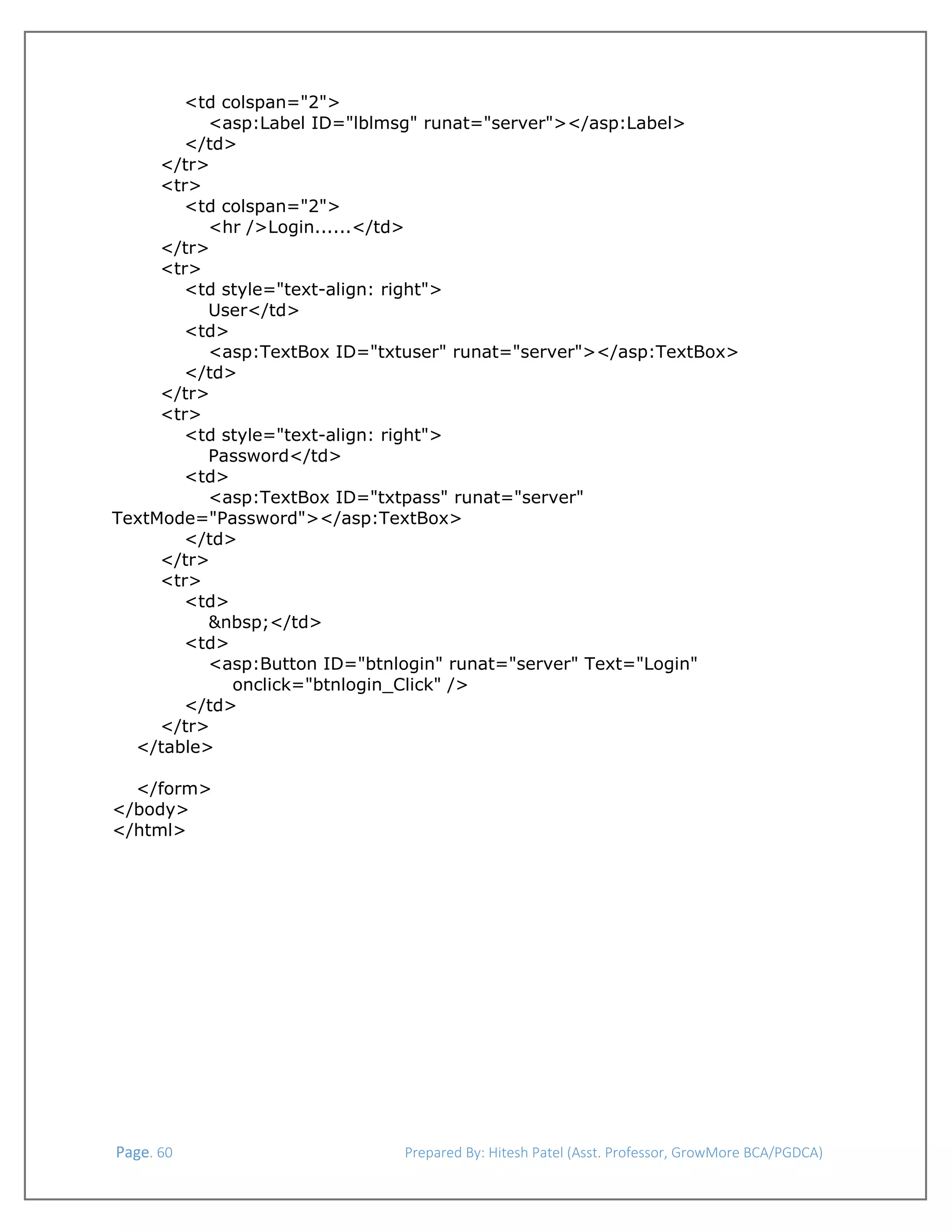  
<td colspan="2">
<asp:Label ID="lblmsg" runat="server"></asp:Label>
</td>
</tr>
<tr>
<td colspan="2">
<hr />Login......</td>
</tr>
<tr>
<td style="text-align: right">
User</td>
<td>
<asp:TextBox ID="txtuser" runat="server"></asp:TextBox>
</td>
</tr>
<tr>
<td style="text-align: right">
Password</td>
<td>
<asp:TextBox ID="txtpass" runat="server"
TextMode="Password"></asp:TextBox>
</td>
</tr>
<tr>
<td>
&nbsp;</td>
<td>
<asp:Button ID="btnlogin" runat="server" Text="Login"
onclick="btnlogin_Click" />
</td>
</tr>
</table>
</form>
</body>
</html>

 Page. 60                                                                  Prepared By: Hitesh Patel (Asst. Professor, GrowMore BCA/PGDCA) 

 
