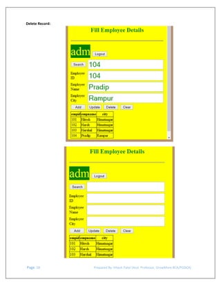  
Delete Record: 

 

 

 
 Page. 58                                                                  Prepared By: Hitesh Patel (Asst. Professor, GrowMore BCA/PGDCA) 

 