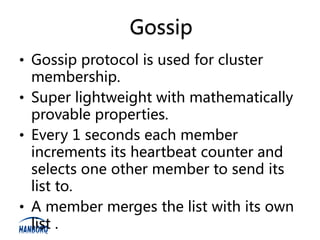 Gossip
• Gossip protocol is used for cluster
  membership.
• Super lightweight with mathematically
  provable properties.
• Every 1 seconds each member
  increments its heartbeat counter and
  selects one other member to send its
  list to.
• A member merges the list with its own
  list .
 