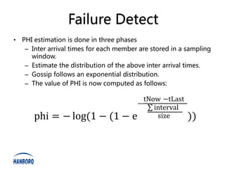 Failure Detect
• PHI estimation is done in three phases
   – Inter arrival times for each member are stored in a sampling
     window.
   – Estimate the distribution of the above inter arrival times.
   – Gossip follows an exponential distribution.
   – The value of PHI is now computed as follows:

                                           tNow −tLast
                                         −
                                              interval
      phi = − log(1 − (1 −             e       size      ))
 