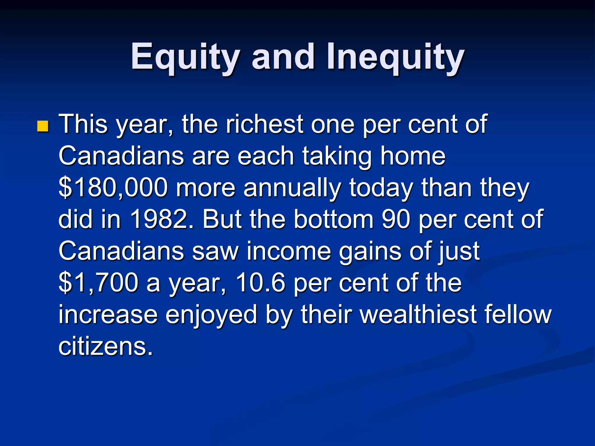 Equity and Inequity 
 This year, the richest one per cent of 
Canadians are each taking home 
$180,000 more annually today than they 
did in 1982. But the bottom 90 per cent of 
Canadians saw income gains of just 
$1,700 a year, 10.6 per cent of the 
increase enjoyed by their wealthiest fellow 
citizens. 
 
