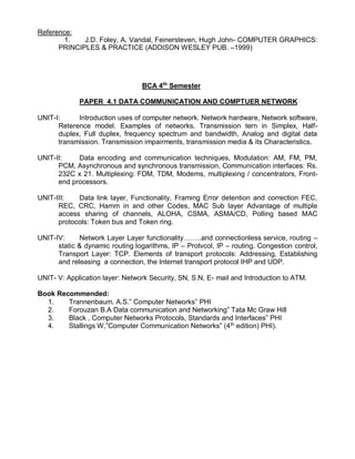 Reference:
1. J.D. Foley, A. Vandal, Feinersteven, Hugh John- COMPUTER GRAPHICS:
PRINCIPLES & PRACTICE (ADDISON WESLEY PUB. –1999)
BCA 4th
Semester
PAPER 4.1 DATA COMMUNICATION AND COMPTUER NETWORK
UNIT-I: Introduction uses of computer network. Network hardware, Network software,
Reterence model. Examples of networks. Transmission tern in Simplex, Half-
duplex, Full duplex, frequency spectrum and bandwidth, Analog and digital data
transmission. Transmission impairments, transmission media & its Characteristics.
UNIT-II: Data encoding and communication techniques, Modulation: AM, FM, PM,
PCM, Asynchronous and synchronous transmission, Communication interfaces: Rs.
232C x 21. Multiplexing: FDM, TDM, Modems, multiplexing / concentrators, Front-
end processors.
UNIT-III: Data link layer, Functionality, Framing Error detention and correction FEC,
REC, CRC, Hamm in and other Codes, MAC Sub layer Advantage of multiple
access sharing of channels, ALOHA, CSMA, ASMA/CD, Polling based MAC
protocols: Token bus and Token ring.
UNIT-IV: Network Layer Layer functionality……..and connectionless service, routing –
static & dynamic routing logarithms, IP – Protvcol, IP – routing. Congestion control,
Transport Layer: TCP. Elements of transport protocols: Addressing, Establishing
and releasing a connection, the Internet transport protocol IHP and UDP.
UNIT- V: Application layer: Network Security, SN, S.N, E- mail and Introduction to ATM.
Book Recommended:
1. Trannenbaum. A.S.” Computer Networks” PHI
2. Forouzan B.A Data communication and Networking” Tata Mc Graw Hill
3. Black , Computer Networks Protocols, Standards and Interfaces” PHI
4. Stallings W,”Computer Communication Networks” (4th
edition) PHI).
 