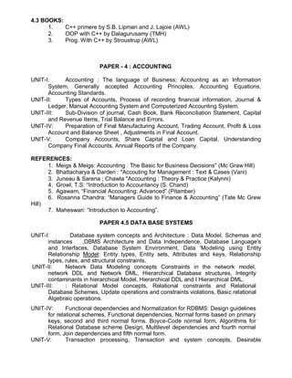 4.3 BOOKS:
1. C++ primere by S.B. Lipman and J. Lajoie (AWL)
2. OOP with C++ by Dalagurusamy (TMH)
3. Prog. With C++ by Stroustrup (AWL)
PAPER - 4 : ACCOUNTING
UNIT-I: Accounting : The language of Business; Accounting as an Information
System, Generally accepted Accounting Principles, Accounting Equations,
Accounting Standards.
UNIT-II: Types of Accounts, Process of recording financial information, Journal &
Ledger, Manual Accounting System and Computerized Accounting System.
UNIT-III: Sub-Division of journal, Cash Book, Bank Reconciliation Statement, Capital
and Revenue Items, Trial Balance and Errors.
UNIT-IV: Preparation of Final Manufacturing Account, Trading Account, Profit & Loss
Account and Balance Sheet , Adjustments in Final Account.
UNIT-V: Company Accounts, Share Capital and Loan Capital, Understanding
Company Final Accounts, Annual Reports of the Company.
REFERENCES:
1. Meigs & Meigs: Accounting : The Basic for Business Decisions" (Mc Graw Hill)
2. Bhattacharya & Darden : "Accouting for Management : Text & Cases (Vani)
3. Juneau & Sarena ; Chawla "Accounting : Theory & Practice (Kalynni)
4. Growl, T.S: “Introduction to Accountancy (S. Chand)
5. Agawam, “Financial Accounting: Advanced” (Pitamber)
6. Rosanna Chandra: “Managers Guide to Finance & Accounting” (Tate Mc Grew
Hill)
7. Maheswari: “Introduction to Accounting”.
PAPER 4.5 DATA BASE SYSTEMS
UNIT-I: Database system concepts and Architecture : Data Model, Schemas and
instances ,DBMS Architecture and Data Independence, Database Language's
and Interfaces, Database System Environment, Data 'Modeling using Entity
Relationship Model: Entity types, Entity sets, Attributes and keys, Relationship
types, rules, and structural constraints.
UNIT-II: Network Data Modeling concepts Constraints in the network model,
network DDL and Network DML, Hierarchical Database structures, Integrity
contaminants in hierarchical Model, Hierarchical DDL and I Hierarchical DML.
UNIT-III: : Relational Model concepts, Relational constraints and Relational
Database Schemes, Update operations and constraints violations, Basic relational
Algebraic operations.
UNIT-IV: Functional dependencies and Normalization for RDBMS: Design guidelines
for relational schemes, Functional dependencies, Normal forms based on primary
keys, second and third normal forms. Boyce-Code normal form, Algorithms for
Relational Database scheme Design, Multilevel dependencies and fourth normal
form, Join dependencies and fifth normal form.
UNIT-V: Transaction processing, Transaction and system concepts, Desirable
 