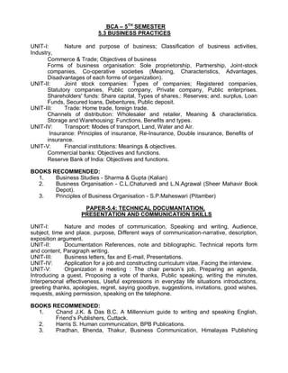 BCA – 5TH
SEMESTER
5.3 BUSINESS PRACTICES
UNIT-I: Nature and purpose of business; Classification of business activities,
Industry,
Commerce & Trade; Objectives of business
Forms of business organisation: Sole proprietorship, Partnership, Joint-stock
companies, Co-operative societies (Meaning, Characteristics, Advantages,
Disadvantages of each forms of organization).
UNIT-II: Joint stock companies: Types of companies; Registered companies,
Statutory companies, Public company, Private company, Public enterprises.
Shareholders' funds: Share capital, Types of shares,: Reserves; and. surplus, Loan
Funds, Secured loans, Debentures, Public deposit.
UNIT-III: Trade: Home trade, foreign trade.
Channels of distribution: Wholesaler and retailer, Meaning & characteristics.
Storage and Warehousing: Functions, Benefits and types.
UNIT-IV: Transport: Modes of transport, Land, Water and Air.
Insurance: Principles of insurance, Re-Insurance, Double insurance, Benefits of
insurance.
UNIT-V: Financial institutions: Meanings & objectives.
Commercial banks: Objectives and functions.
Reserve Bank of India: Objectives and functions.
BOOKS RECOMMENDED:
1. Business Studies - Sharma & Gupta (Kalian)
2. Business Organisation - C.L.Chaturvedi and L.N.Agrawal (Sheer Mahavir Book
Depot).
3. Principles of Business Organisation - S.P.Maheswari (Pitamber)
PAPER-5.4: TECHNICAL DOCUMANTATION,
PRESENTATION AND COMMUNICATION SKILLS
UNIT-I: Nature and modes of communication, Speaking and writing, Audience,
subject, time and place, purpose, Different ways of communication-narrative, description,
exposition argument.
UNIT-II: Documentation References, note and bibliographic. Technical reports form
and content, Paragraph writing.
UNIT-III: Business letters, fax and E-mail, Presentations.
UNIT-IV: Application for a job and constructing curriculum vitae, Facing the interview.
UNIT-V: Organization a meeting : The chair person’s job, Preparing an agenda,
Introducing a guest, Proposing a vote of thanks, Public speaking, writing the minutes,
Interpersonal effectiveness, Useful expressions in everyday life situations introductions,
greeting thanks, apologies, regret, saying goodbye, suggestions, invitations, good wishes,
requests, asking permission, speaking on the telephone.
BOOKS RECOMMENDED:
1. Chand J.K. & Das B.C. A Millennium guide to writing and speaking English,
Friend’s Publishers, Cuttack.
2. Harris S. Human communication, BPB Publications.
3. Pradhan, Bhenda, Thakur, Business Communication, Himalayas Publishing
 