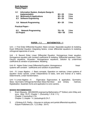 Sixth Semester
Theory Paper:-
6.1 Information System, Analysis Design &
Implementation 80 + 20 3 hrs
6.2 Multimedia & Applications 80 + 20 3 hrs
6.3 Software Engineering 80 + 20 3 hrs
6.4 Network Programming 80 + 20 3 hrs
Practical Paper:-
6.5 Network Programming 70 + 30 3 hrs
6.6 Project 100 + 50 3 hrs
PAPER – 1.1 MATHEMATICS – 1
Unit – I: First Order Differential Equation: Basic concept. Separable equation & modeling,
Exact Differential Equation Integrating factors. Linear differential equations & modeling.
orthogonal trajectories of curve.
Unit - II: Second Order Linear Differential Equation: Homogenous linear equation.
Homogenous equation with constant coefficients & modeling. Differential operators. Euler-
Cauchy equations. Wroosian- Homogeneous equations. Solution by undermined
coefficients & variation of parameters. Modeling.
Unit- III: Higher Order Linear Differential Equation: Homogeneous linear
systems with constant coefficients and variation of parameters.
Unit - !V: Linear Algebra – I: Basic concepts, Operation on matrices, Linear systems of
equation vector spaces, Linear independence & basis, rank and inverse of a matrix.
Determinants, Linear transformation.
Unit - V: Linear Algebra – II: Eigenvalue Eigenvectors & application. Symmetric,
Skew –Symmetric Orthogonal,Hermitian Skew-Hermitian and Unitary matrices.
Digitalization, Quadratic forms and application to conic sectors.
BOOKS RECOMMENDED:
1. Erwin Kteyszig : ADVANCED engineering Mathematics (7th
Edition) John Wiley and
sons. (Nop :10-IT) Chapter: 1. (Excluding 1.10 & 1.11),
Chapter: 2 (excluding 2.13)
Chapter: 3, chapter – 4, (excluding4.6) Ch.7.
2. J.Sinlaray & S. Padhy – Acourse on ordinary and partial differential equations,
Kulyani Publishers (Ch. 1,2,3 (Nop : 30-IT)
 