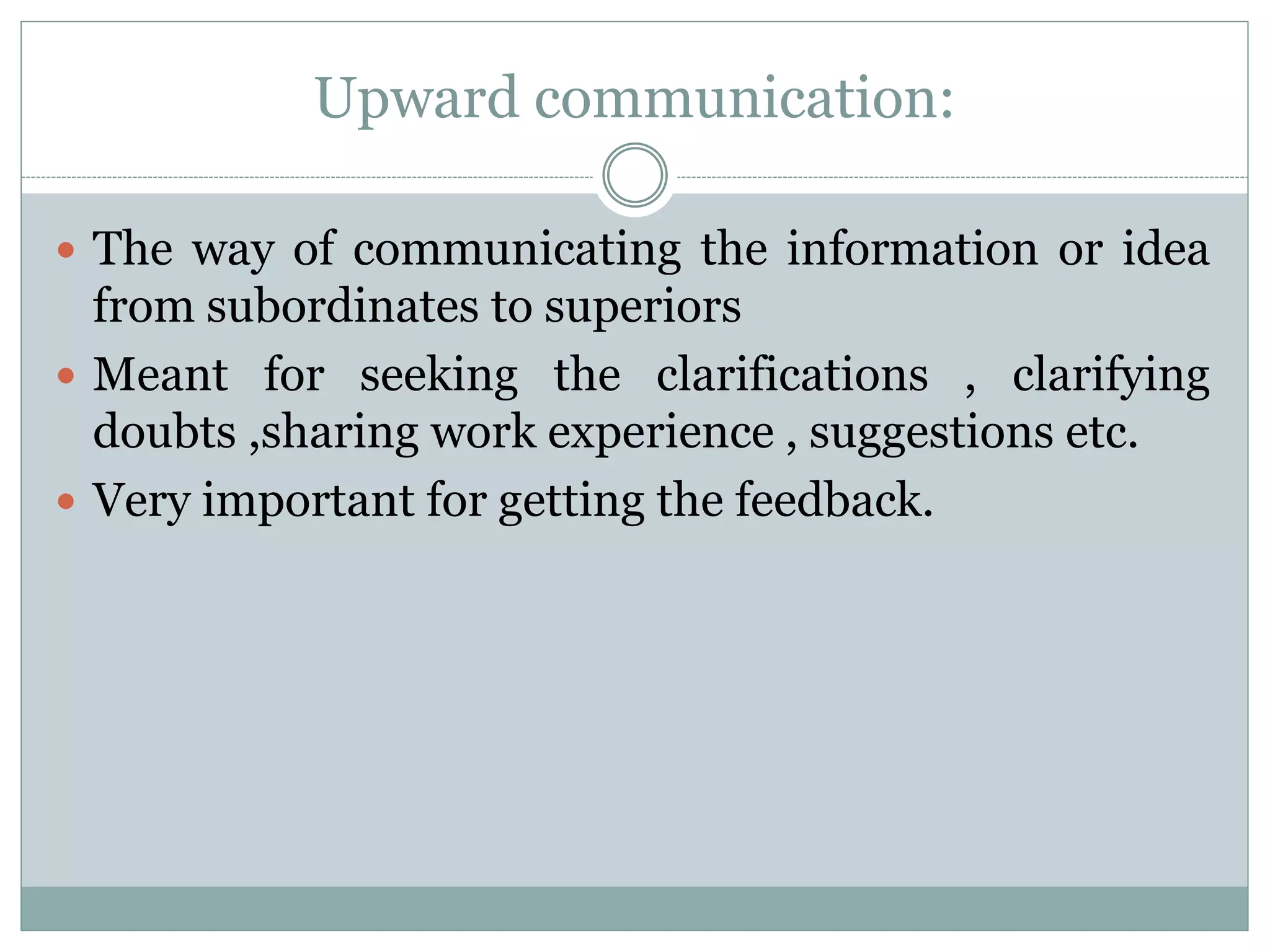 Upward communication:
 The way of communicating the information or idea
from subordinates to superiors
 Meant for seeking the clarifications , clarifying
doubts ,sharing work experience , suggestions etc.
 Very important for getting the feedback.
 