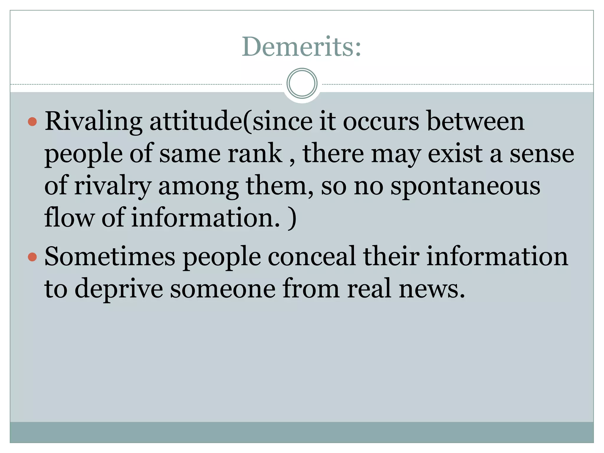 Demerits:
 Rivaling attitude(since it occurs between
people of same rank , there may exist a sense
of rivalry among them, so no spontaneous
flow of information. )
 Sometimes people conceal their information
to deprive someone from real news.
 
