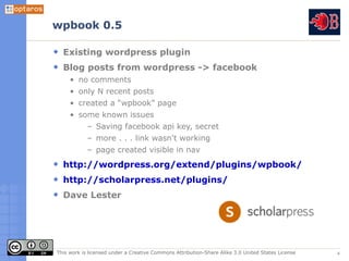 wpbook 0.5

  Existing wordpress plugin
  Blog posts from wordpress -> facebook
     • no comments
     • only N recent po...