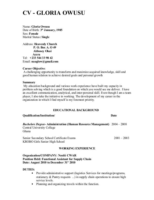 gloria cv marital status in resume