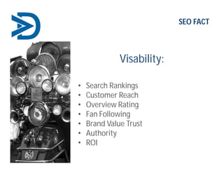 Visability:
• Search Rankings
• Customer Reach
• Overview Rating
• Fan Following
• Brand Value Trust
• Authority
• ROI
SEO FACT
 