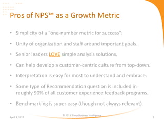 Pros of NPS™ as a Growth Metric
• Simplicity of a “one-number metric for success”.
• Unity of organization and staff around important goals.
• Senior leaders LOVE simple analysis solutions.
• Can help develop a customer-centric culture from top-down.
• Interpretation is easy for most to understand and embrace.
• Some type of Recommendation question is included in
roughly 90% of all customer experience feedback programs.
• Benchmarking is super easy (though not always relevant)
April 3, 2015
© 2015 Sharp Business Intelligence
5
 
