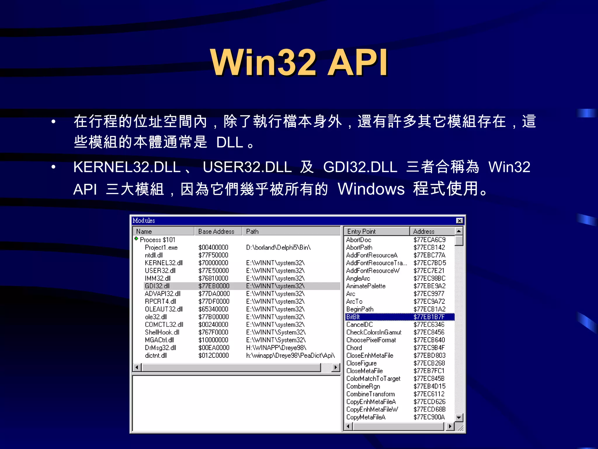 Win32 API 在行程的位址空間內，除了執行檔本身外，還有許多其它模組存在，這些模組的本體通常是  DLL 。 KERNEL32.DLL 、 USER32.DLL  及  GDI32.DLL  三者合稱為  Win32 API  三大模組，因為它們幾乎被所有的  Windows   程式使用。 