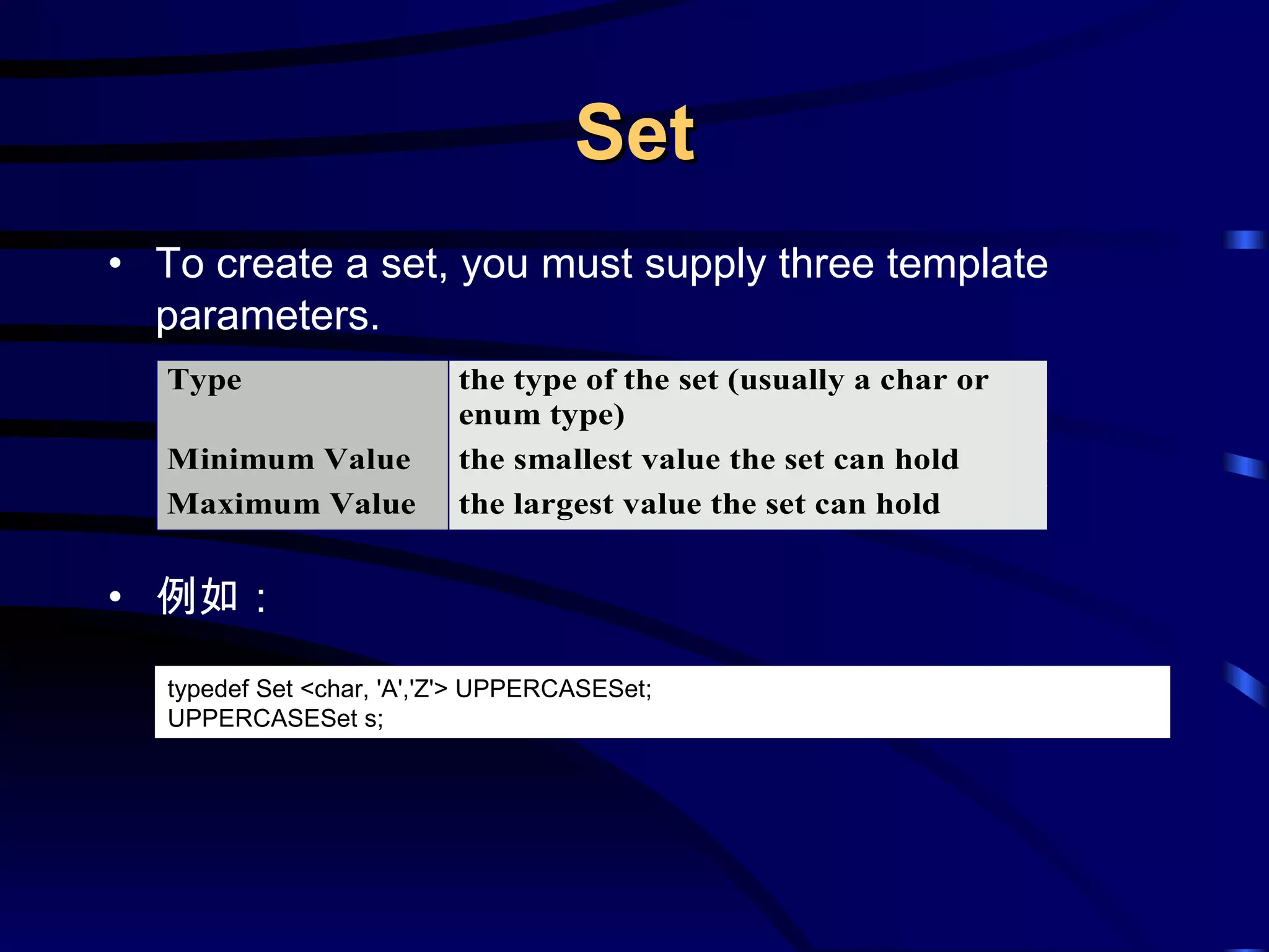 Set To create a set, you must supply three template parameters. 例如： typedef Set <char, 'A','Z'> UPPERCASESet; UPPERCASESet s; 