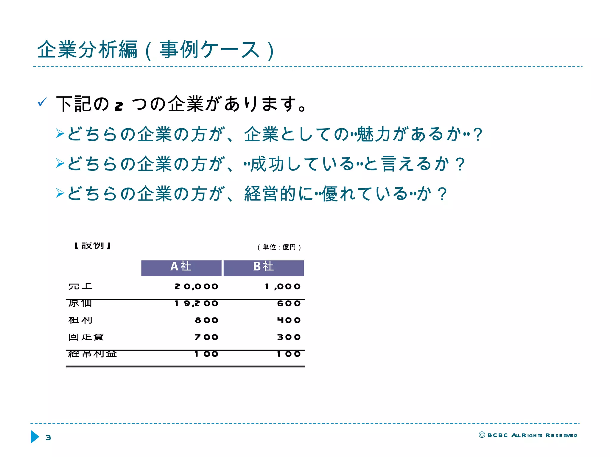 企業分析編（事例ケース） 下記の 2 つの企業があります。 どちらの企業の方が、企業としての“魅力があるか”？ どちらの企業の方が、“成功している”と言えるか？ どちらの企業の方が、経営的に“優れている”か？ 