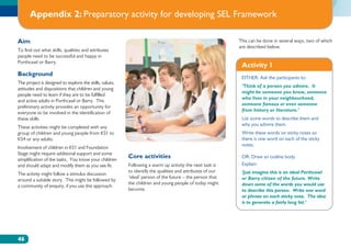 Appendix 2: Preparatory activity for developing SEL Framework

Aim                                                                                                        This can be done in several ways, two of which
                                                                                                           are described below.
To find out what skills, qualities and attributes
people need to be successful and happy in
Porthcawl or Barry.
                                                                                                            Activity 1
Background
                                                                                                            EITHER: Ask the participants to:
The project is designed to explore the skills, values,
                                                                                                            ‘Think of a person you admire. It
attitudes and dispositions that children and young
                                                                                                            might be someone you know, someone
people need to learn if they are to be fulfilled
                                                                                                            who lives in your neighbourhood,
and active adults in Porthcawl or Barry. This
                                                                                                            someone famous or even someone
preliminary activity provides an opportunity for
                                                                                                            from history or literature.’
everyone to be involved in the identification of
these skills.                                                                                               List some words to describe them and
                                                                                                            why you admire them.
These activities might be completed with any
group of children and young people from KS1 to                                                              Write these words on sticky notes so
KS4 or any adults.                                                                                          there is one word on each of the sticky
                                                                                                            notes.
Involvement of children in KS1 and Foundation
Stage might require additional support and some
simplification of the tasks. You know your children
                                                         Core activities                                    OR: Draw an outline body.
and should adapt and modify them as you see fit.         Following a warm up activity the next task is      Explain:
                                                         to identify the qualities and attributes of our    ‘Just imagine this is an ideal Porthcawl
The activity might follow a stimulus discussion
                                                         ‘ideal’ person of the future – the person that     or Barry citizen of the future. Write
around a suitable story. This might be followed by
                                                         the children and young people of today might       down some of the words you would use
a community of enquiry, if you use this approach.
                                                         become.                                            to describe this person. Write one word
                                                                                                            or phrase on each sticky note. The idea
                                                                                                            is to generate a fairly long list.’




46
 