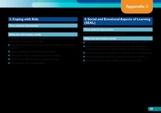 Appendix 3

 3. Coping with Kids                                                            4. Social and Emotional Aspects of Learning
                                                                                (Seal)
 Time scale for intervention
Three sessions of two and a half hours duration.                                Time scale for intervention

 What the intervention entails                                                 Once trained SEAL is used on an ongoing basis.

An assertive discipline course for parents based on the principles of rules,    What the intervention entails
rewards and consequences. It involves:
                                                                               ●● Ongoing teaching of the social and emotional skills identified in SEAL
●●  uring the sessions parents are given alternative realistic scenarios to
   D
                                                                               ●●  cheme of work prepared offering schools lesson plans that include
                                                                                  S
   discuss
                                                                                  activities, resources, lesson objectives, Welsh, key skills and assessment
●● Parents’ problems discussed and solutions offered
                                                                               ●● Schools encouraged to include SEAL on timetables and in weekly planning
●● Parents given tasks to complete prior to next meeting
                                                                               ●● Whole school approaches to promoting social and emotional skills
●● Parents supported in an informal, helpful atmosphere
                                                                               ●● Schools trained in the basics of SEAL and how to use the SOW
●● Long and short term solutions offered




                                                                                                                                                               49
 