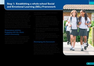 Step 1: Establishing a whole-school Social
    and Emotional Learning (SEL) Framework

This first step is an essential part of the process      This essential activity (described more fully in
as it engages the school community and helps             Appendix A2) involves:
them to contribute to developing their vision, take      1.	 members of the school community
                                                            All
ownership of the work, and understand its core              (children/young people, parents/carers,
purpose. The main outcome of this step of the               members of staff/governors and perhaps
process is the development of a SEL Framework               members of the broader community such as
that represents the aspirations of the whole                local employers, businesses etc.) identify an
school community. This should be revisited                  agreed set of qualities that they would like
periodically (every few years) to ensure that it still      their children to acquire.
matches the aspirations of the school community.
                                                         2.	
                                                            The qualities are categorised as to whether
Preparatory activity:                                       the are ‘good for the community’ and ‘good
                                                            for the individual’.
Engaging with the whole
school community                                         3.	
                                                            Qualities viewed as both ‘good for the
                                                            community’ and ‘good for the individual’ are
The preparatory activity is very important as it            selected and used to identify a set of skills
provides an opportunity for all members of the              that pupils need.
school community to be involved in the early
stages of developments and obtain a greater              Developing the framework
understanding WoW in their school.
                                                         The learning skills identified in the preparatory
                                                         activity are used to produce the school’s or
                                                         cluster’s own SEL Framework, tailored to the
                                                         priorities and needs of the local community. This
                                                         SEL Framework will be used in Steps 2 and 3 to
                                                         review current provisions within the school and to
                                                         plan new provisions and interventions.




                                                                                                              5
 