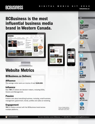 D    I   G   I   T A    L       M     E     D     I    A       K   I   T     2      0   1   3
                                                                                                                            bcbusiness.ca




BCBusiness is the most                                                                                                      WEB




influential business media                                                                                                  130,000
brand in Western Canada.                                                                                                    Avg. Pageviews/
                                                                                                                            MONTH




                                                                                                                            52,500
                                                                                                                            Avg. UNIQUE
                                                                                                                            VISITORS/MONTH




                                                                                                                            45
                                                                                                                            MEDIAN AGE


                                                                                                                            SOCIAL




                                                                                                                            23,000
                                                                                                                            FOLLOWERS




                                                                                                                            1,650
Website Metrics                                                                                                             FANS




BCBusiness.ca Delivers:                                                                                                     6,000
                                                                                                                            MEMBERS

Affluence                                                                                                                   NEWSLETTER
The average visitor earns an income of over $100,000.

Influence
Over 70% of visitors are decision makers, including CEOs,                                                                   7,000
                                                                                                                            SUBSCRIBERS
Owners and Management.

Passion
Visitors care about everything business, including, small business,                                                         42% RATE
management, government, trends, profiles and sales & marketing.                                                             Avg. OPEN


Engagement
75% of visitors connect with the BCBusiness brand across                           Sources: Google Analytics,
                                                                                   Jul-Dec 2012; BCBusiness                 32%
multiple platforms.                                                                Web Reader Survey, 2012                  Avg. CTR




                                                For more information contact BCBusiness | P: 604.299.7311 | E: advertising@bcbusiness.ca
 
