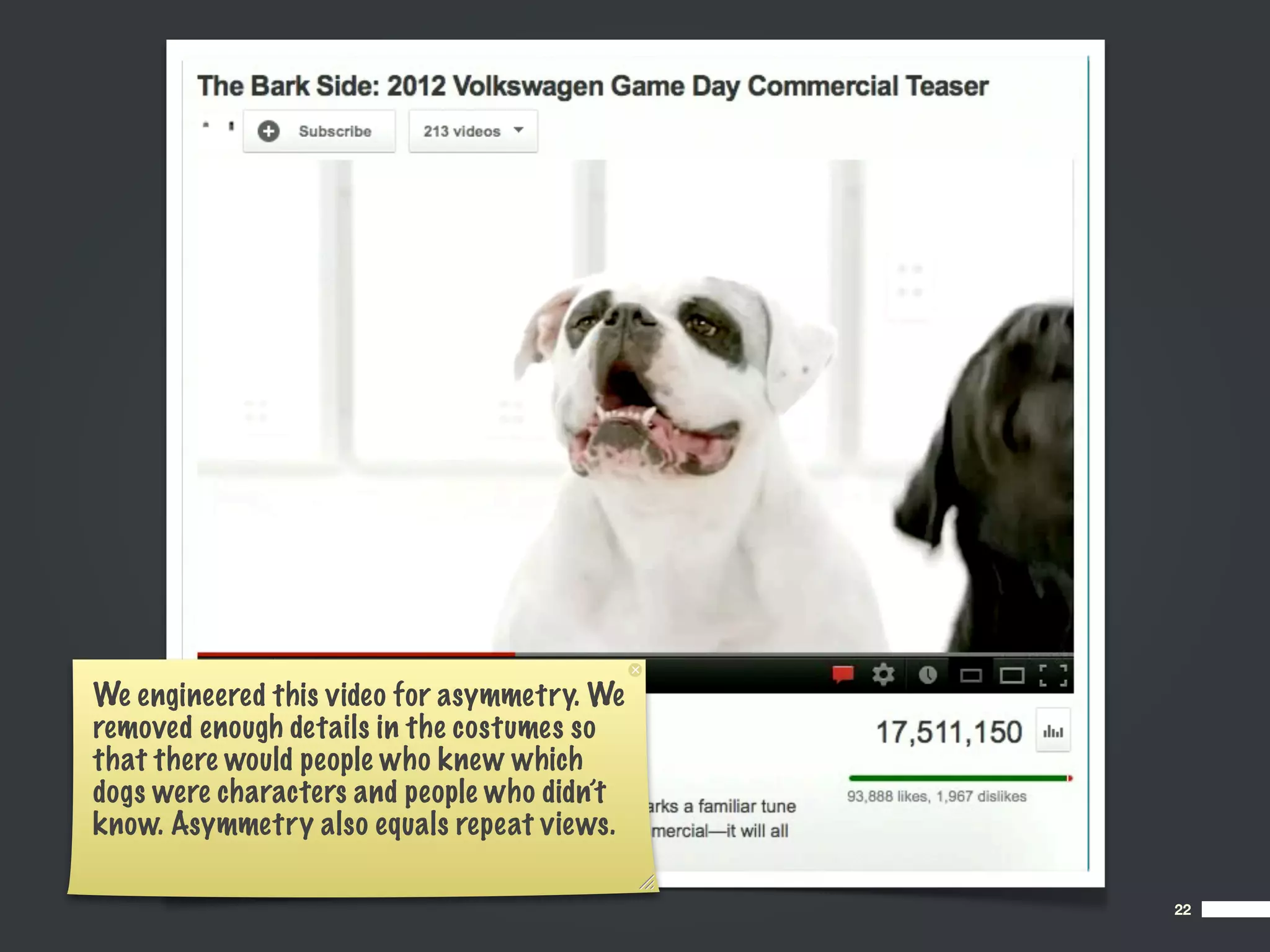We engineered this video for asymmetry. We
removed enough details in the costumes so
that there would people who knew which
dogs were characters and people who didn’t
know. Asymmetry also equals repeat views.

                                             22
 