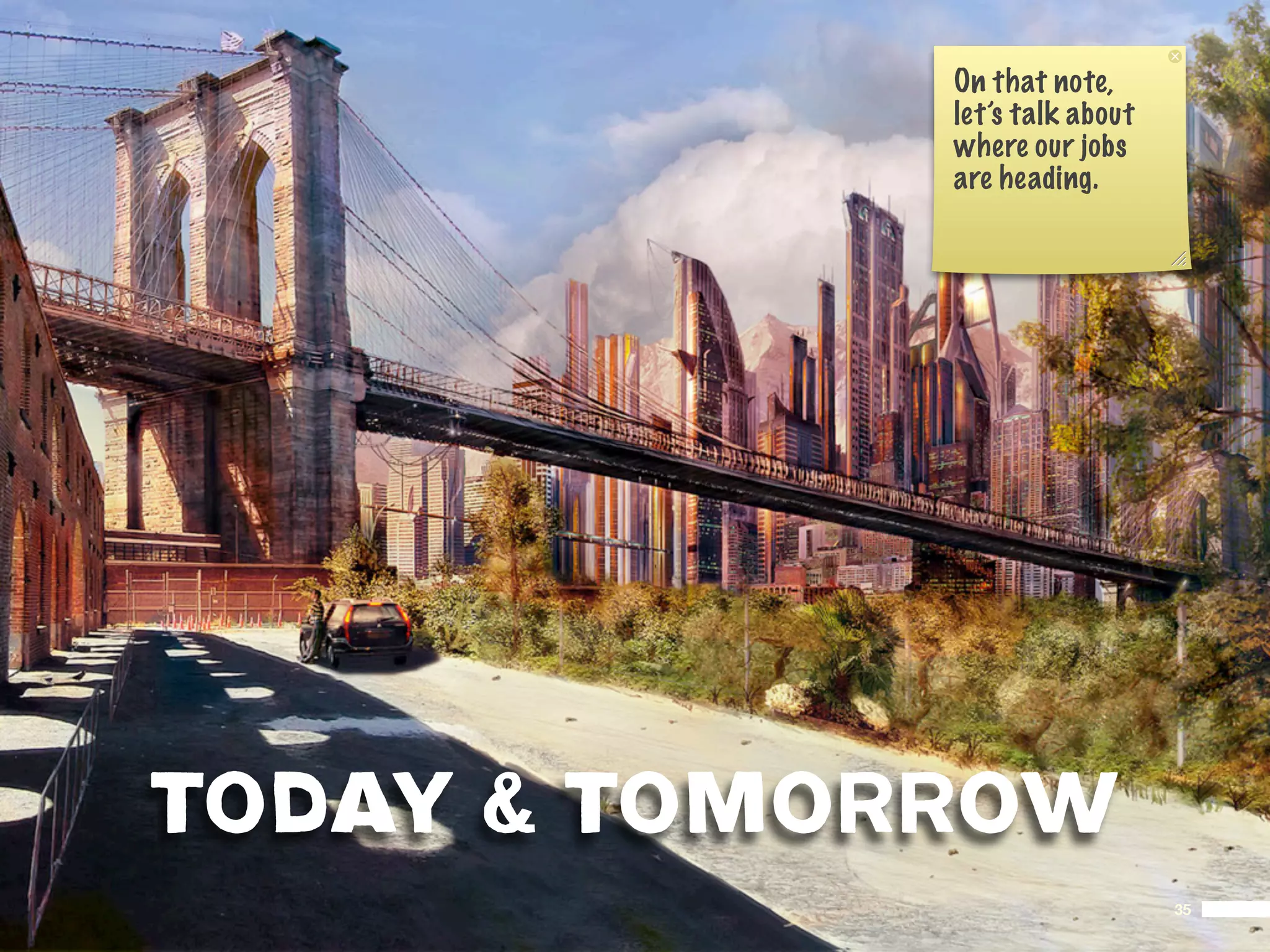 On that note,
             let’s talk about
             where our jobs
             are heading.




TODAY & TOMORROW
                                35
 