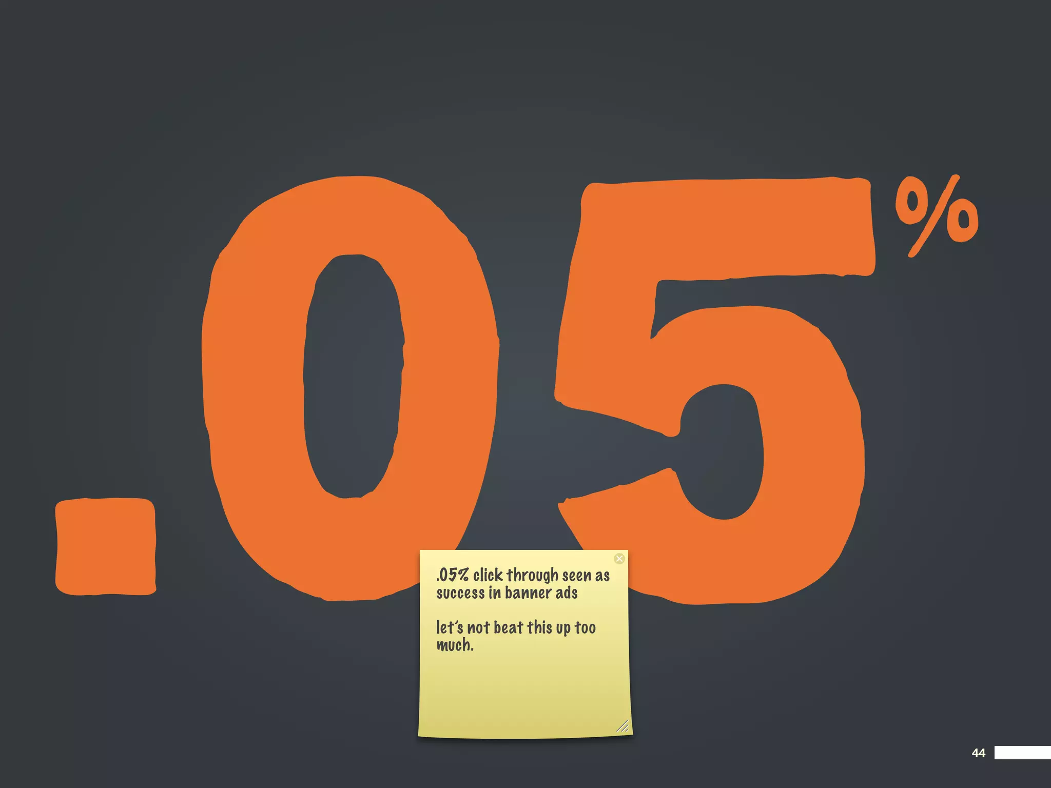 .05
                              %


 .05% click through seen as
 success in banner ads

 let’s not beat this up too
 much.




                              44
 